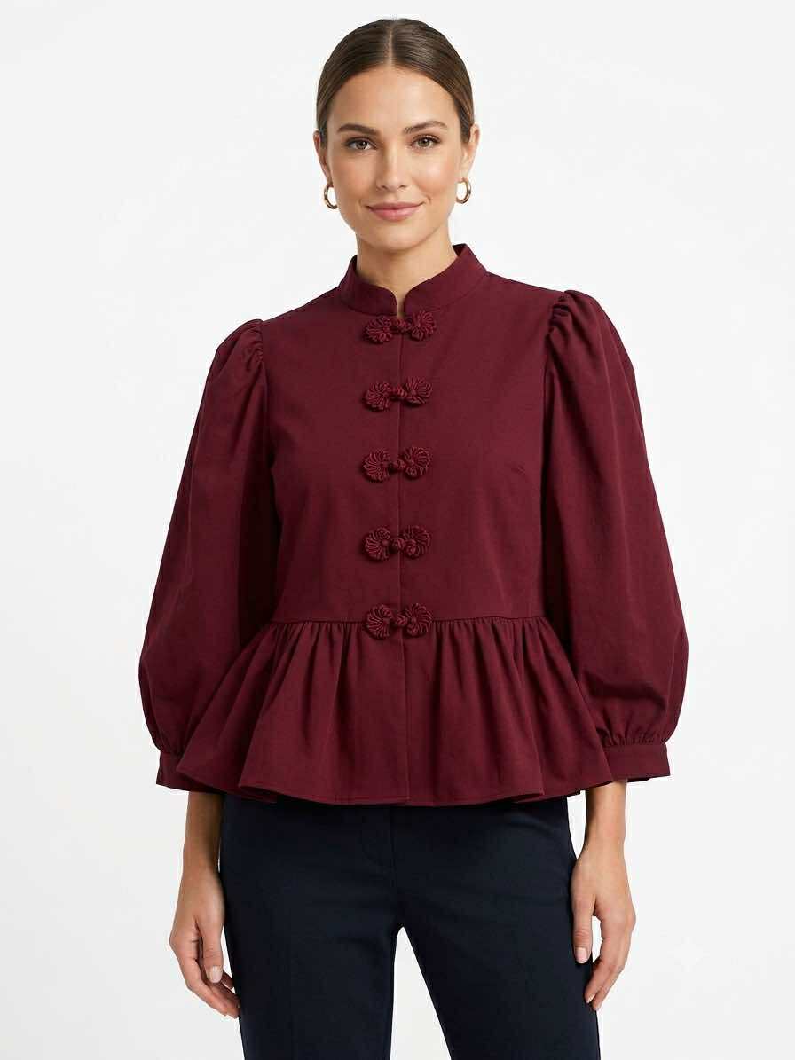 Wine Mandarin Collar Top