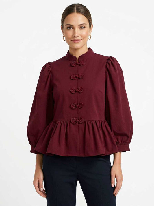 Wine Mandarin Collar Top